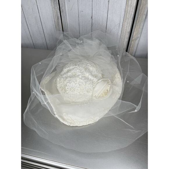 Vintage French White Ivory Lace Tulle Bridal Hat Pearls Rhinestones Veil 80s 90 main image 9
